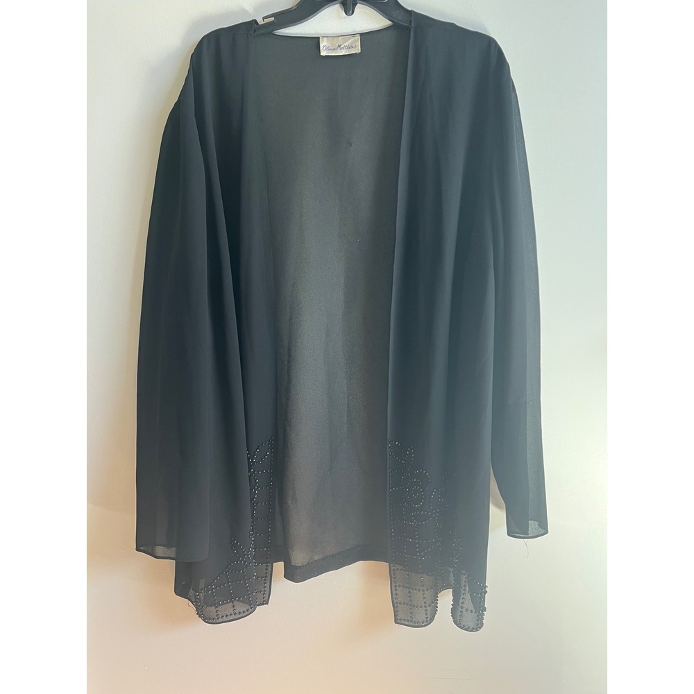 Olivia Matthews Black Sheer Beaded Floral Kimono‎ Cardigan Open Front Evening